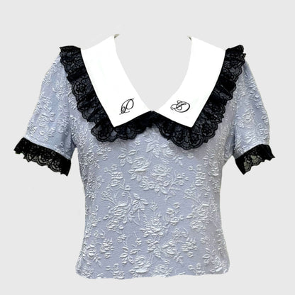 front of blouse made from lace and jaquard