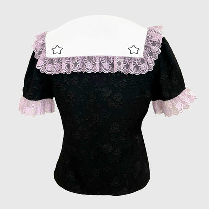 blouse in pink and black with white collar by pretty devasting Jazmin Bean