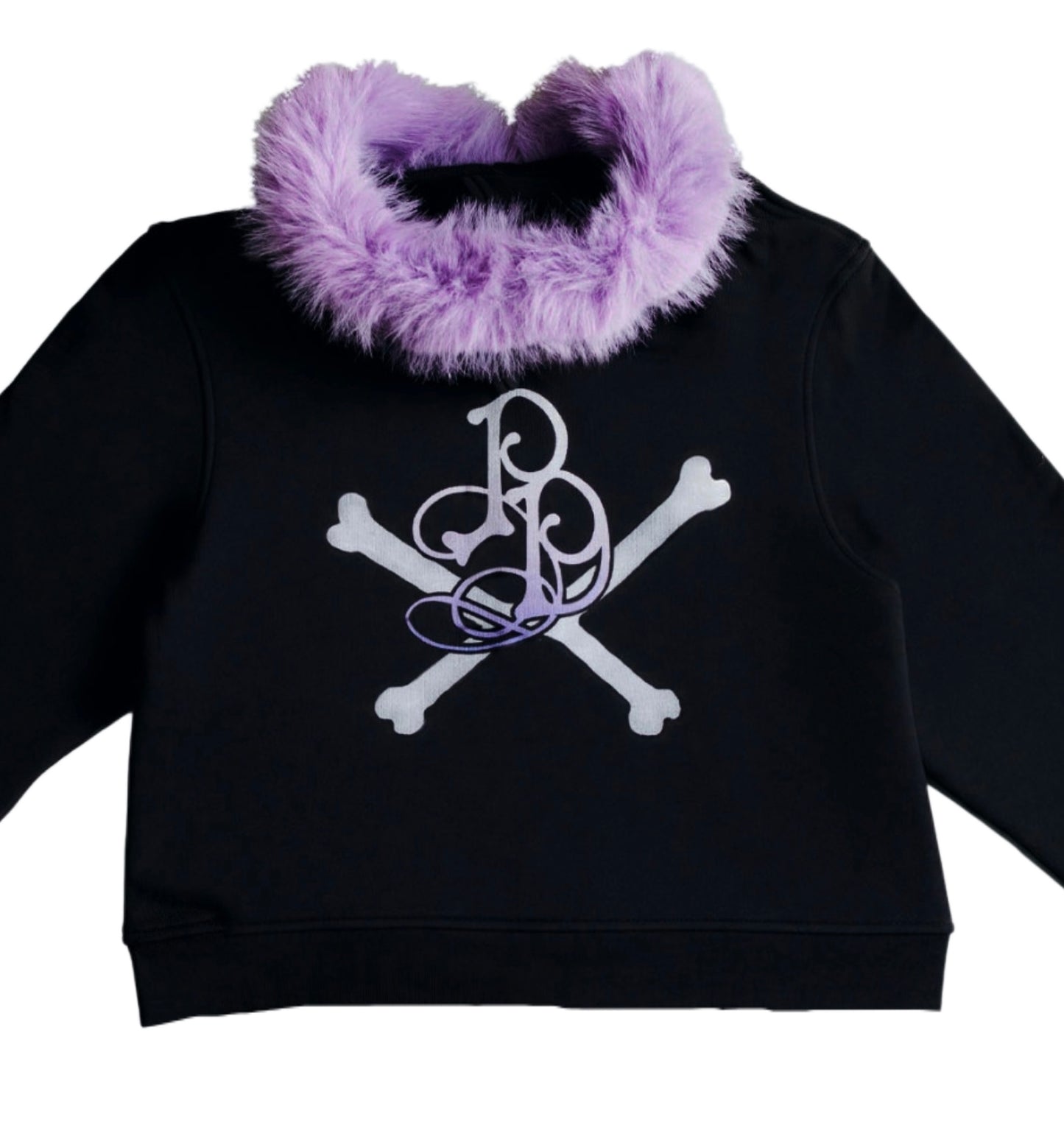 Black hoodie with purple fur hood and white logo on a white background