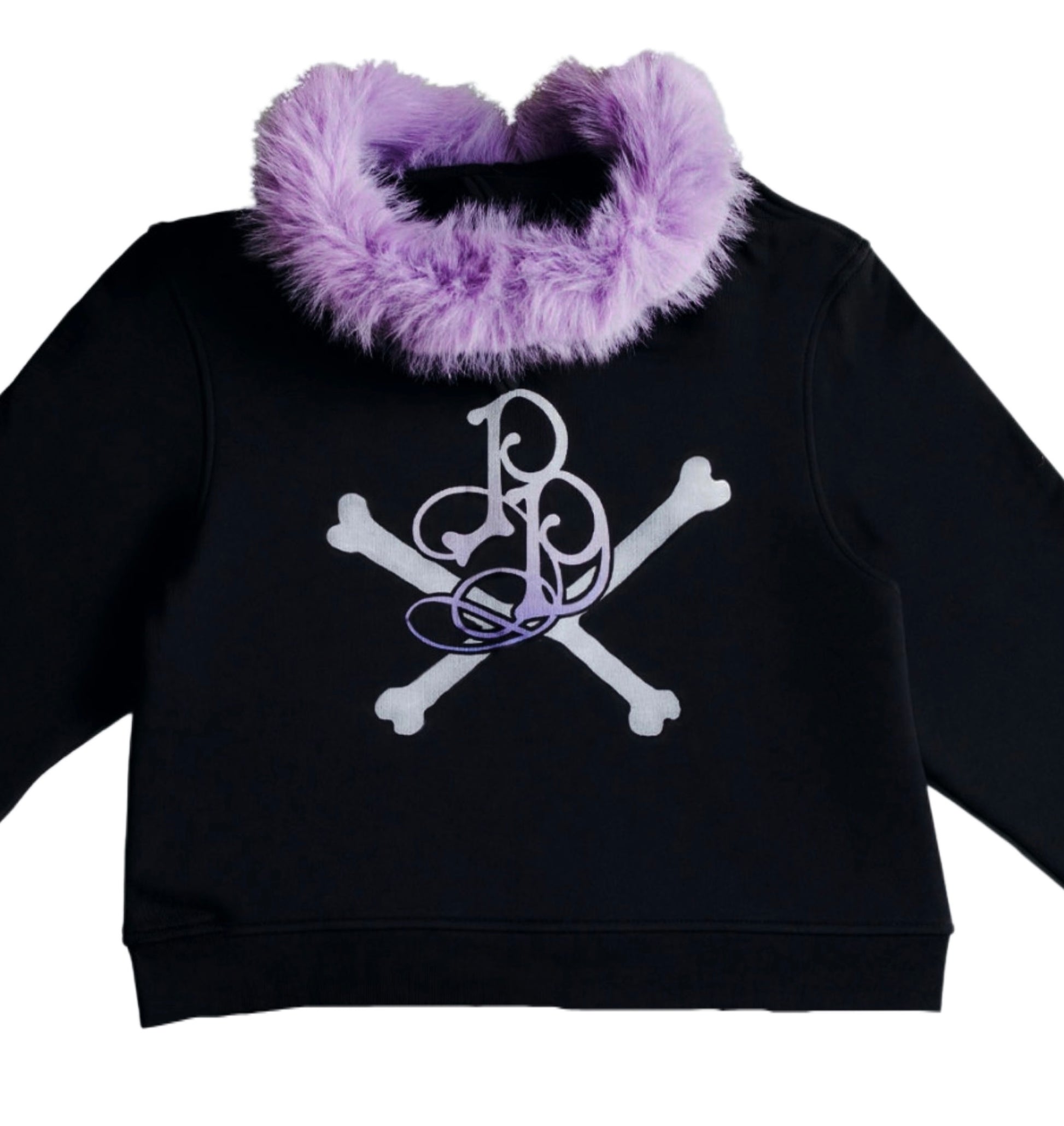 Black hoodie with purple fur hood and white logo on a white background