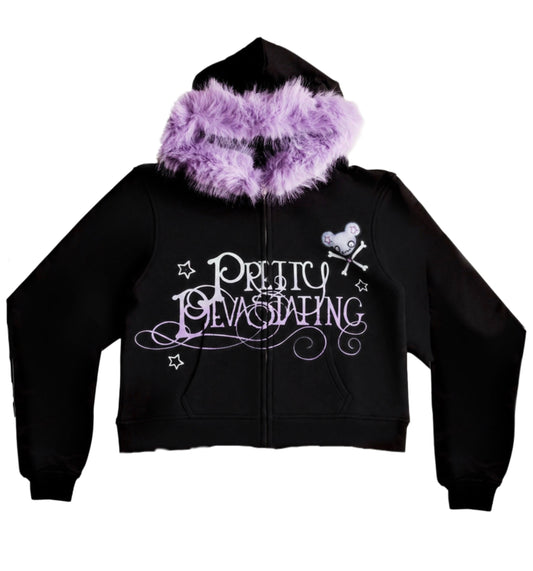 Black hoodie with purple fur hood and Pretty Devastating logo